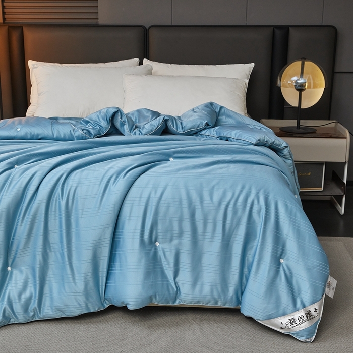 91家纺网 家纺一手货源 找家纺 金同成家纺 2025新款缎条蚕丝被春秋被子母被冬被子被芯 远山蓝