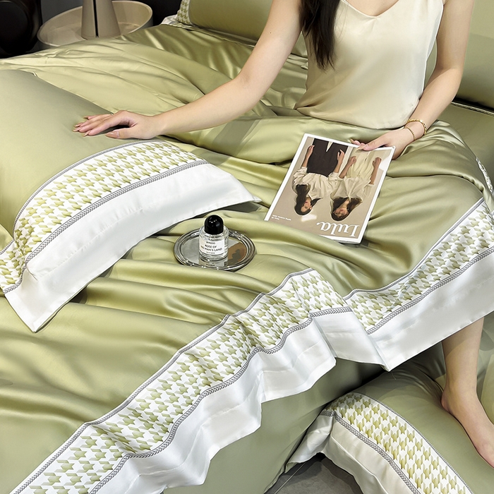 91家纺网 家纺一手货源 找家纺 露梦家纺 2025新款A类水洗真丝数码边莫兰迪系列夏被子被芯 莫兰迪-香草绿