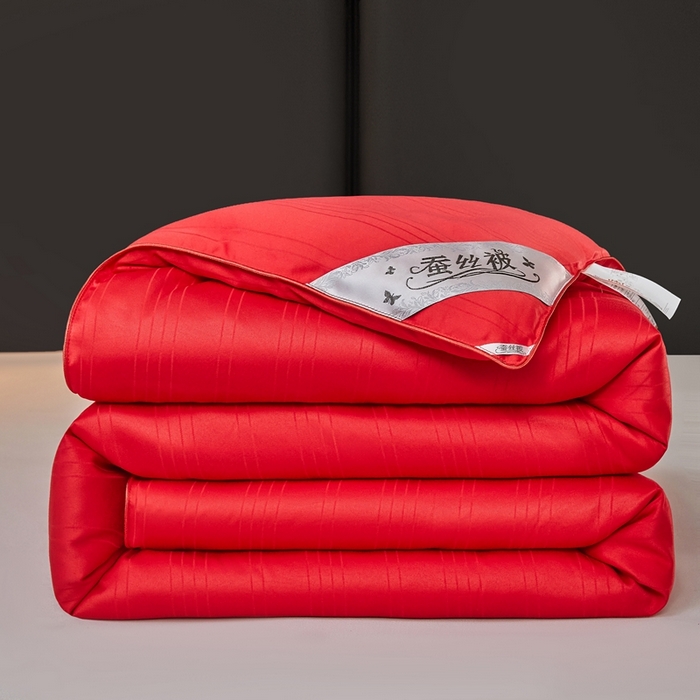 91家纺网 家纺一手货源 找家纺 金同成家纺 2025新款缎条蚕丝被春秋被子母被冬被子被芯 中国红