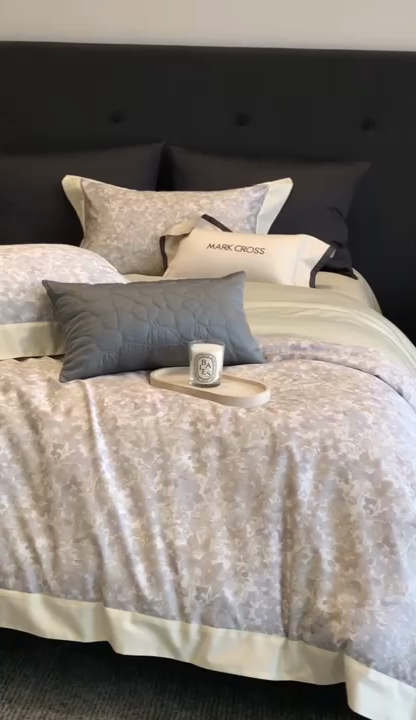 91家纺网 家纺一手货源 找家纺 佳汐蓝2025新款典雅诗意花卉全棉印花四件套券后不低于438/458元 馥雅铃兰-月灰蓝