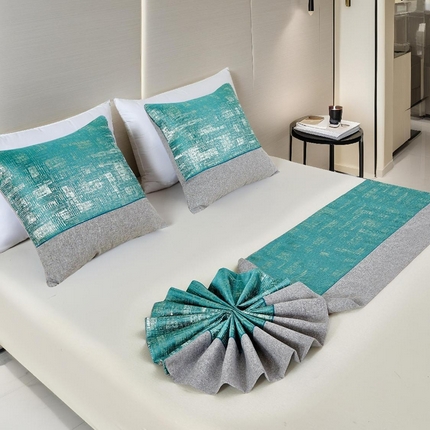 安力森/诚臻酒店用品2025新款【定制款床尾巾不退不换】床尾巾纯色北欧轻奢高端简约民宿床上用品酒店床旗宾馆床搭巾定制 高精密棉麻双拼-孔雀