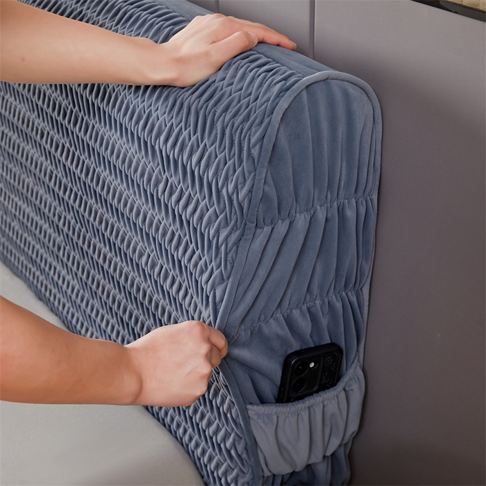 91家纺网 家纺一手货源 找家纺 情恒家纺 2025新款德芙绒工艺款全包床头罩 丹宁蓝