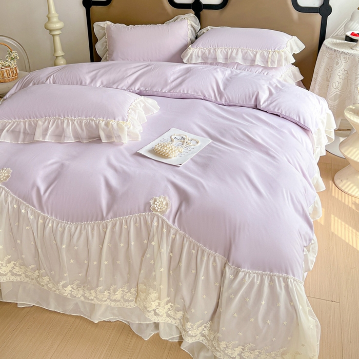 91家纺网 家纺一手货源 找家纺 艺玲家纺 2025新款糯小棉爱丽莎雪纺花边四件套 爱丽莎-紫
