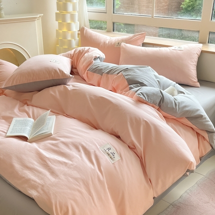 禧澜庭 2025新款纯棉全棉水洗棉斜纹无印风贴标四件套三件套 奶油粉+梧桐灰