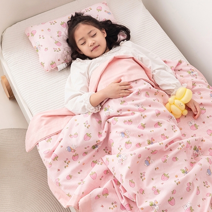 嗨生活 2025年 7A抗菌全棉双层纱夏被  纱布夏被盖毯  儿童夏被 幼儿园夏被 草莓兔兔