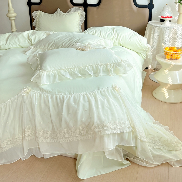 91家纺网 家纺一手货源 找家纺 艺玲家纺 2025新款糯小棉爱丽莎雪纺花边四件套 爱丽莎-绿