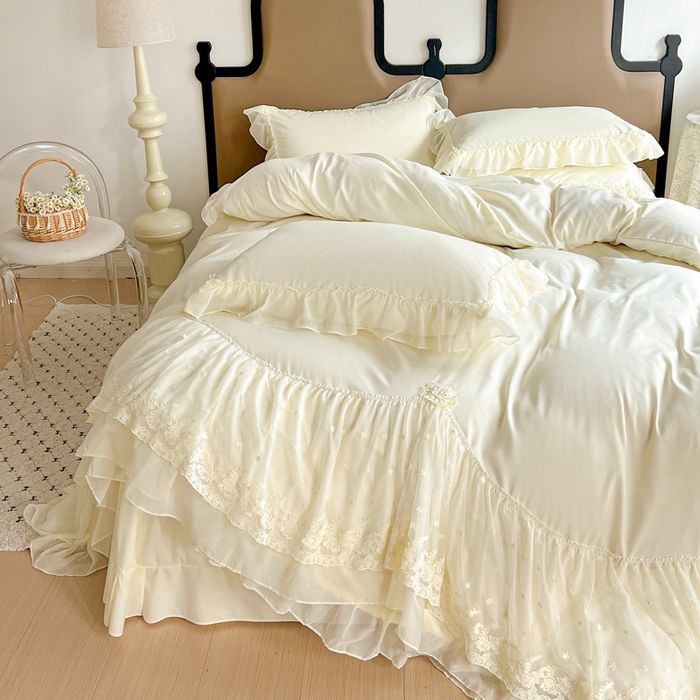 91家纺网 家纺一手货源 找家纺 艺玲家纺 2025新款糯小棉爱丽莎雪纺花边四件套 爱丽莎-黄