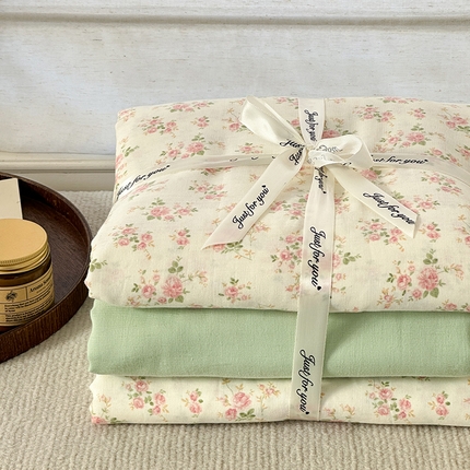 91家纺网 家纺一手货源 找家纺 麦伦家居 2025新款全棉有氧双层纱简约款系列四件套 奈良-米