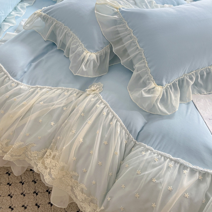 91家纺网 家纺一手货源 找家纺 艺玲家纺 2025新款糯小棉爱丽莎雪纺花边四件套 爱丽莎-蓝
