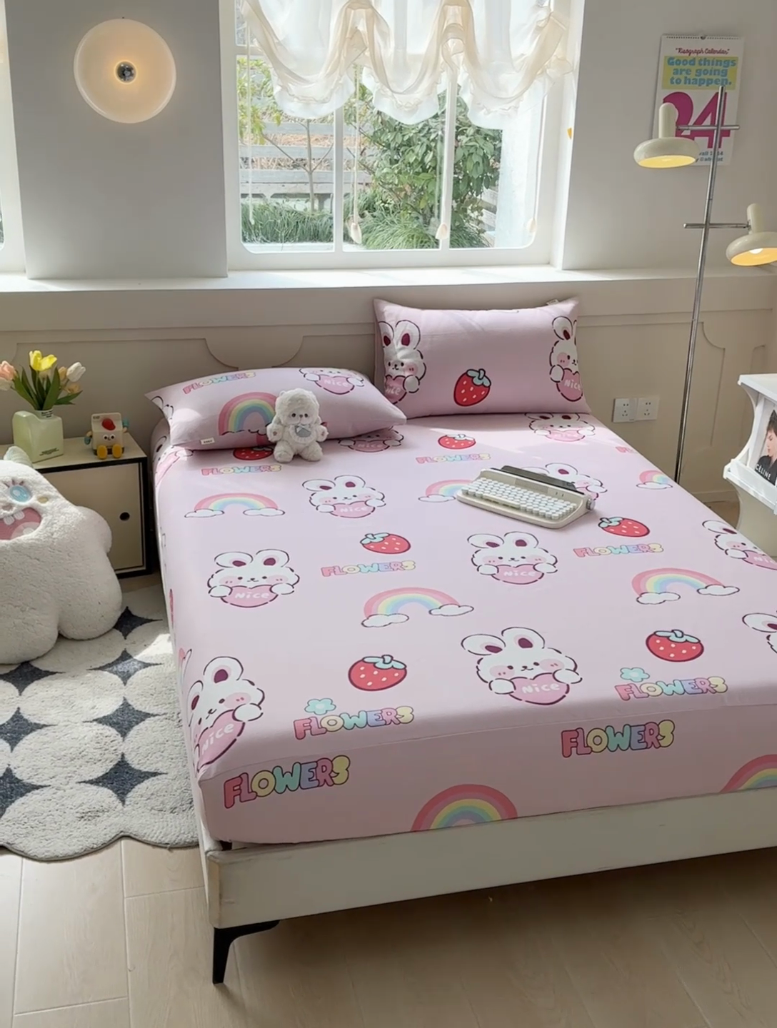 91家纺网 家纺一手货源 找家纺 爱彼2025款新款热门老粗布床笠凉席席子 老粗布床笠-彩虹云兔