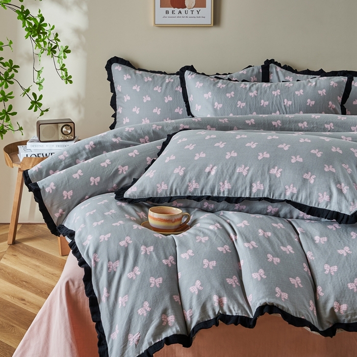 91家纺网 家纺一手货源 找家纺 （总）黛馨 2025新款全棉纯棉A类小清新双层纱四件套-皱皱边系列