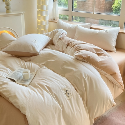 禧澜庭 2025新款纯棉全棉水洗棉斜纹无印风贴标四件套三件套 奶昔白+卡其