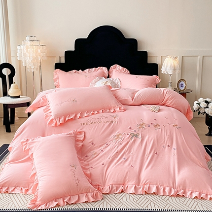 91家纺网 家纺一手货源 找家纺 （总）帝菲妮 2025新款法式韩版高克重超柔水洗棉针织棉糯小棉刺绣四件套-玫瑰花语