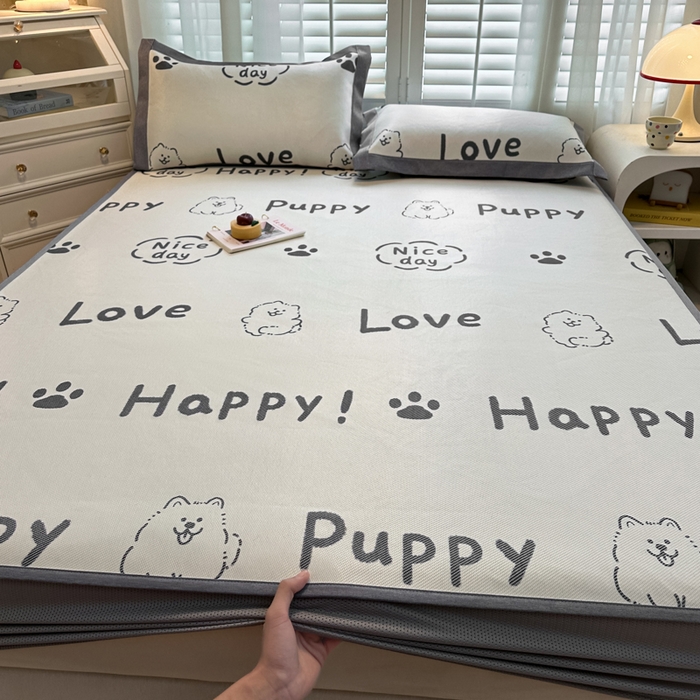 91家纺网 家纺一手货源 找家纺 迪乐妮 2025新款真冰藤印花床笠款凉席 快乐小狗