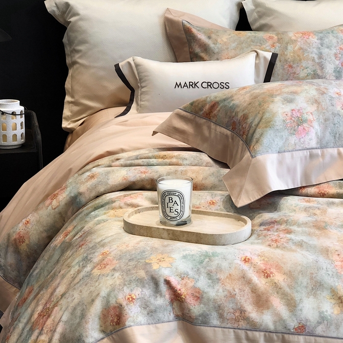 91家纺网 家纺一手货源 找家纺 佳汐蓝2025新款典雅诗意花卉全棉印花四件套券后不低于438/458元 时光之恋-杏黄桔