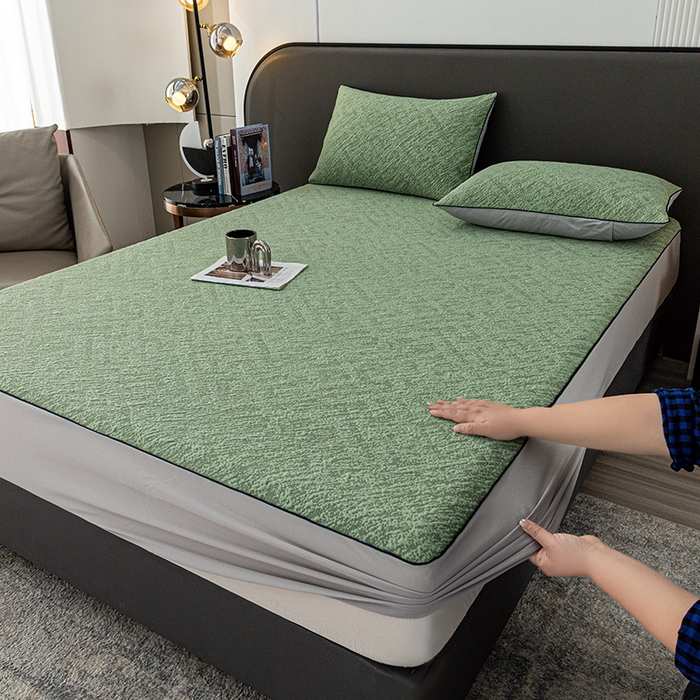 91家纺网 家纺一手货源 找家纺 锦罗绣 2025春夏新款PE中分子凉感提花软凉席席子 流金岁月-绿 床笠款