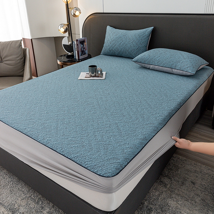 91家纺网 家纺一手货源 找家纺 锦罗绣 2025春夏新款PE中分子凉感提花软凉席席子 流金岁月-深蓝 床笠款