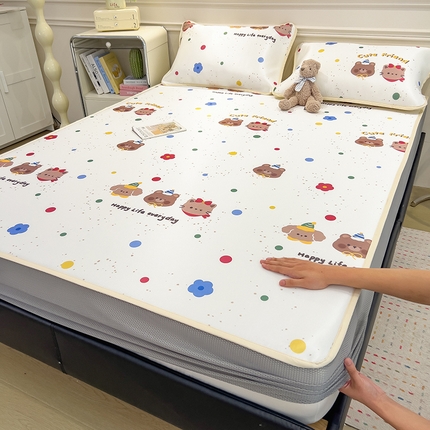 摩妮卡 2025新款小清新碳光冰丝软席床笠款单床笠三件套 彩点萌友