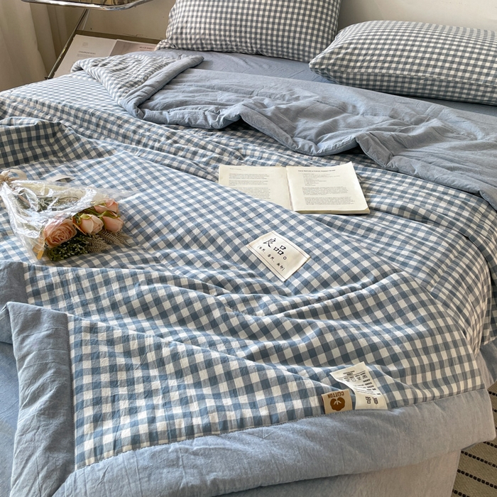 91家纺网 家纺一手货源 找家纺 2025梦初语新款无印风棉花夏被 蓝小格
