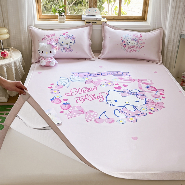 91家纺网 家纺一手货源 找家纺 博雅 2025新款三丽欧A类大版数码印花1200D冰丝凉席凉席席子 甜心KT