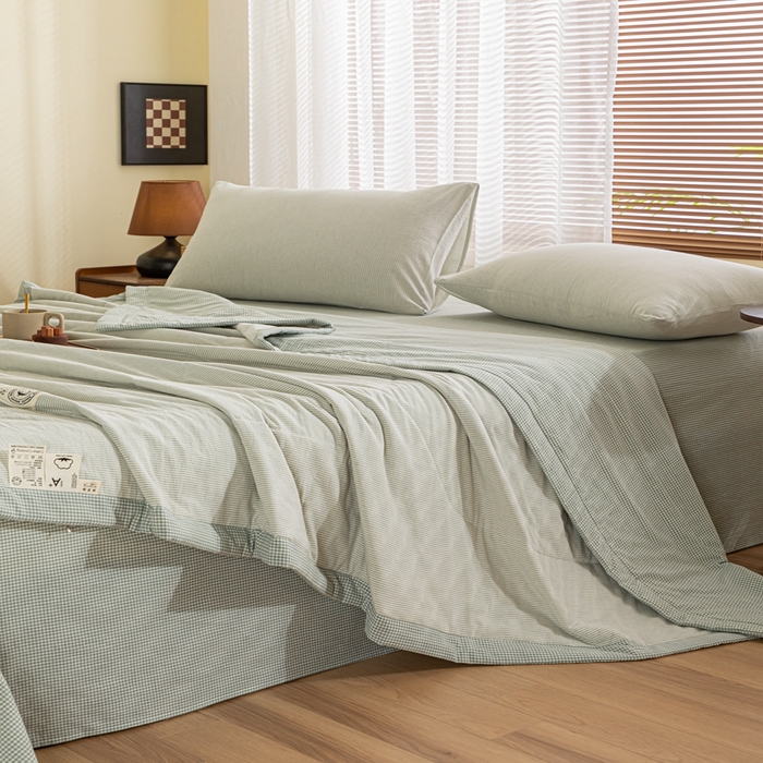 91家纺网 家纺一手货源 找家纺 鑫棉坊 2025新款全棉色织水洗棉A类棉花夏被可机洗空调被四件套床单枕套 浅绿谧意