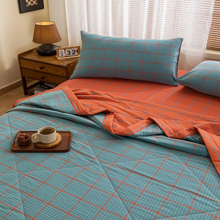 91家纺网 家纺一手货源 找家纺 鑫棉坊 2025新款全棉色织水洗棉A类棉花夏被可机洗空调被四件套床单枕套 百香果