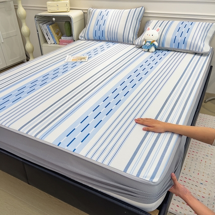 摩妮卡 2025新款小清新碳光冰丝软席床笠款单床笠三件套 柔色纵纹-蓝