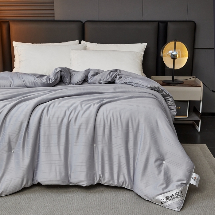 91家纺网 家纺一手货源 找家纺 金同成家纺 2025新款缎条蚕丝被春秋被子母被冬被子被芯 时尚灰