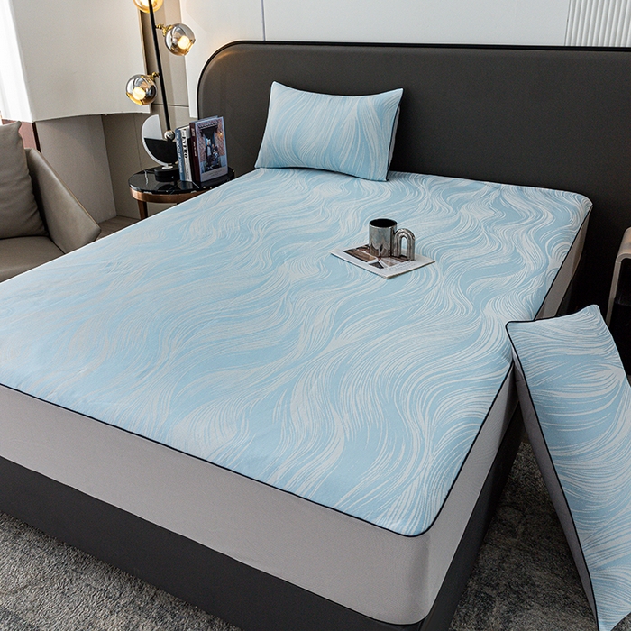 91家纺网 家纺一手货源 找家纺 锦罗绣 2025春夏新款PE中分子凉感提花软凉席席子 极简主义-蓝 床笠款