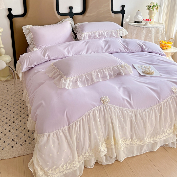 91家纺网 家纺一手货源 找家纺 艺玲家纺 2025新款糯小棉爱丽莎雪纺花边四件套 爱丽莎-紫