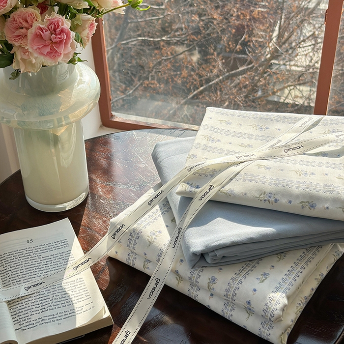 91家纺网 家纺一手货源 找家纺 麦伦家居 2025新款全棉有氧双层纱简约款系列四件套 茵曼蓝