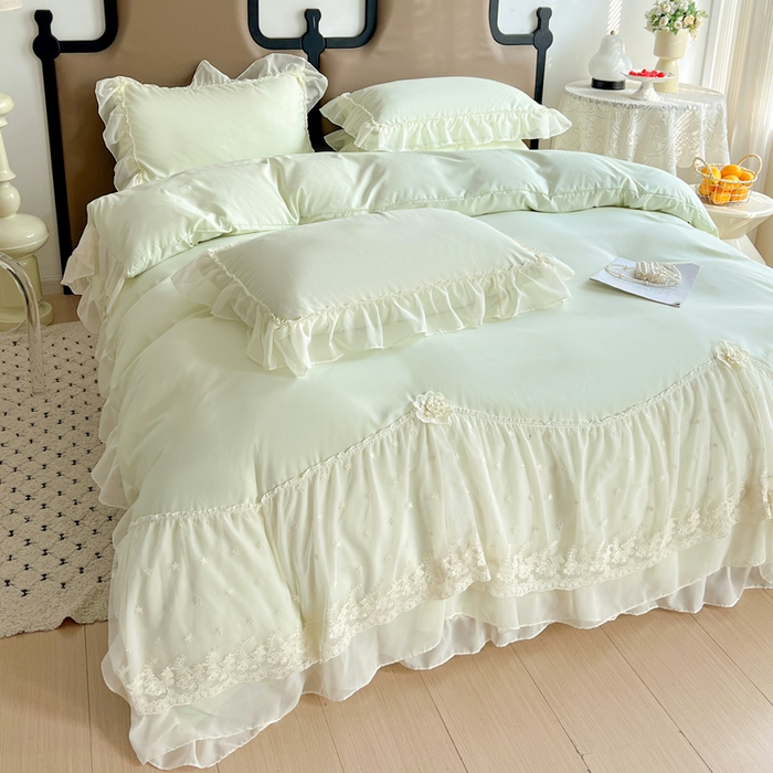 91家纺网 家纺一手货源 找家纺 艺玲家纺 2025新款糯小棉爱丽莎雪纺花边四件套 爱丽莎-绿