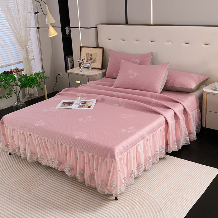 91家纺网 家纺一手货源 找家纺 席之家 2025新款3D冰感蕾丝床裙豆豆席 蕾丝-茶花之恋-粉