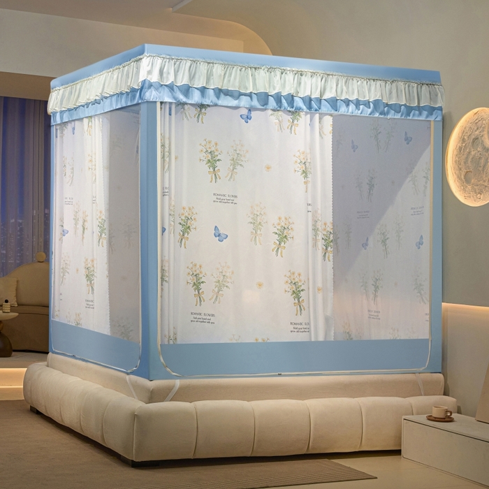 91家纺网 家纺一手货源 找家纺 冉美家纺  2025新款U型遮光方顶坐床蚊帐 白色小雏菊