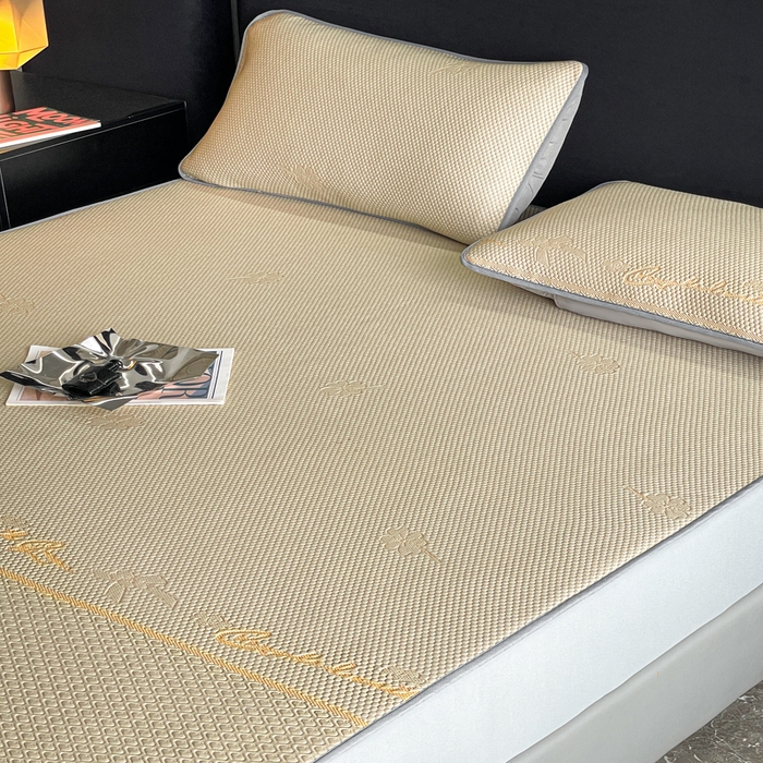 91家纺网 家纺一手货源 找家纺 2025新款提花冰豆豆凉席床笠床席三件套幸运草系列 幸运草-米