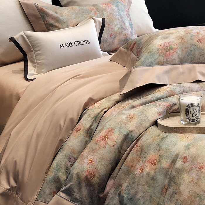 91家纺网 家纺一手货源 找家纺 佳汐蓝2025新款典雅诗意花卉全棉印花四件套券后不低于438/458元 时光之恋-杏黄桔