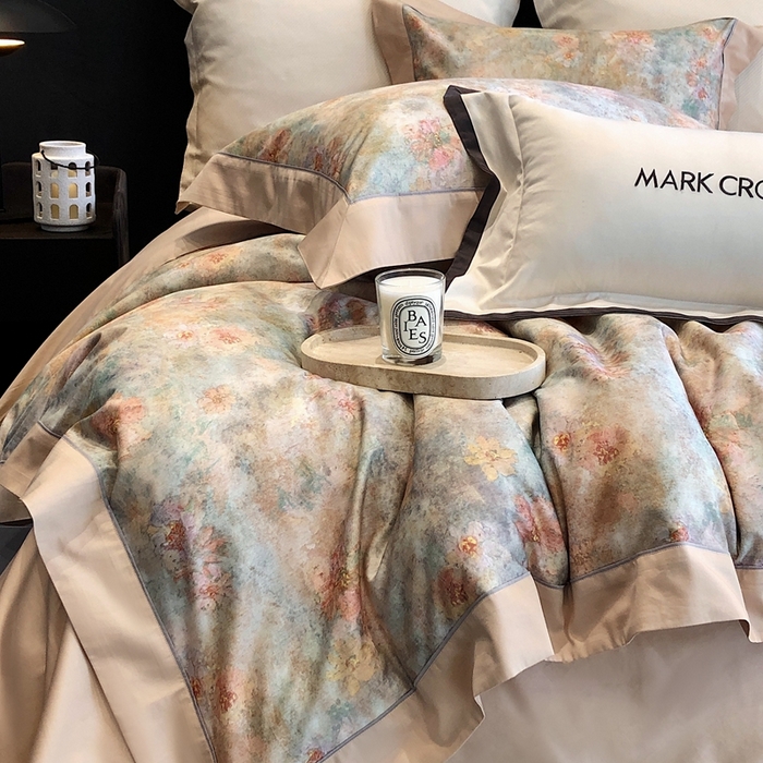 91家纺网 家纺一手货源 找家纺 佳汐蓝2025新款典雅诗意花卉全棉印花四件套券后不低于438/458元 时光之恋-杏黄桔