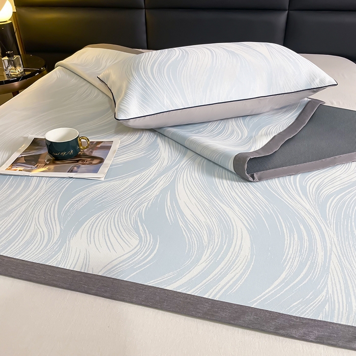 91家纺网 家纺一手货源 找家纺 锦罗绣 2025春夏新款PE中分子凉感提花软凉席席子 极简主义-蓝 床单款