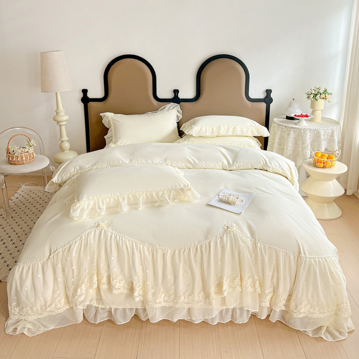 91家纺网 家纺一手货源 找家纺 艺玲家纺 2025新款糯小棉爱丽莎雪纺花边四件套 爱丽莎-黄