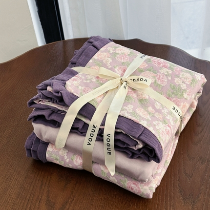 91家纺网 家纺一手货源 找家纺 （总）黛馨 2025新款全棉纯棉A类小清新双层纱四件套-皱皱边系列