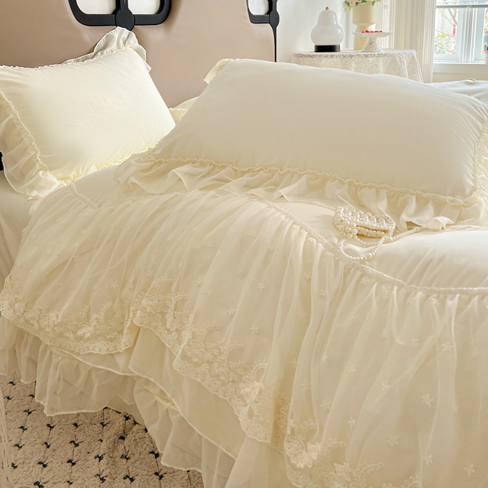 91家纺网 家纺一手货源 找家纺 艺玲家纺 2025新款糯小棉爱丽莎雪纺花边四件套 爱丽莎-黄