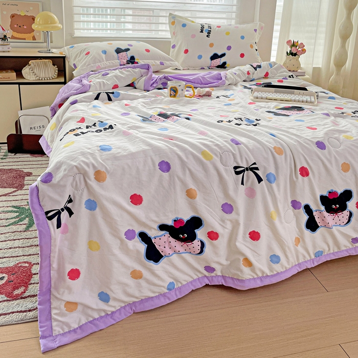 91家纺网 家纺一手货源 找家纺 富艺隆 2025新款水洗棉双层纱夏被 波点小狗