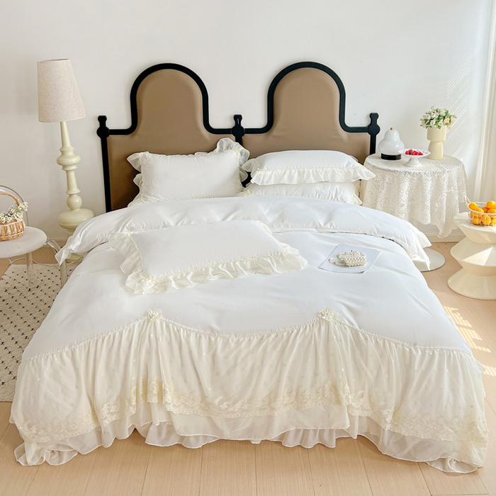 91家纺网 家纺一手货源 找家纺 艺玲家纺 2025新款糯小棉爱丽莎雪纺花边四件套 爱丽莎-白