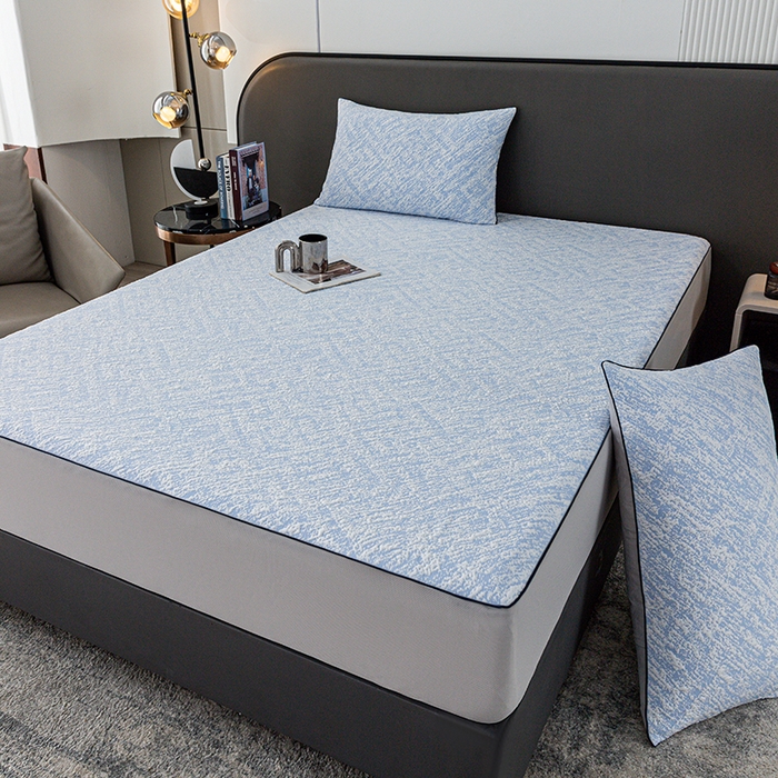 91家纺网 家纺一手货源 找家纺 锦罗绣 2025春夏新款PE中分子凉感提花软凉席席子 流金岁月-蓝 床笠款