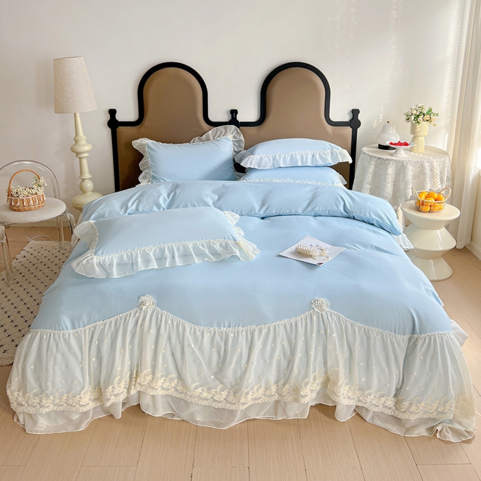 91家纺网 家纺一手货源 找家纺 艺玲家纺 2025新款糯小棉爱丽莎雪纺花边四件套 爱丽莎-蓝