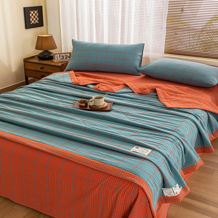 91家纺网 家纺一手货源 找家纺 鑫棉坊 2025新款全棉色织水洗棉A类棉花夏被可机洗空调被四件套床单枕套 百香果