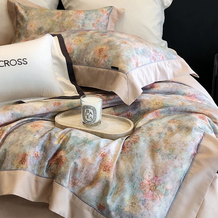 91家纺网 家纺一手货源 找家纺 佳汐蓝2025新款典雅诗意花卉全棉印花四件套券后不低于438/458元 时光之恋-杏黄桔