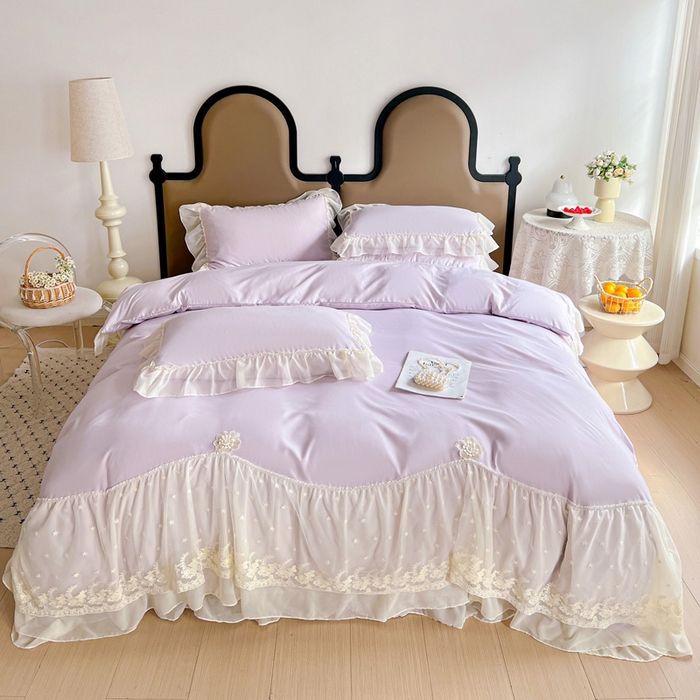 91家纺网 家纺一手货源 找家纺 艺玲家纺 2025新款糯小棉爱丽莎雪纺花边四件套 爱丽莎-紫