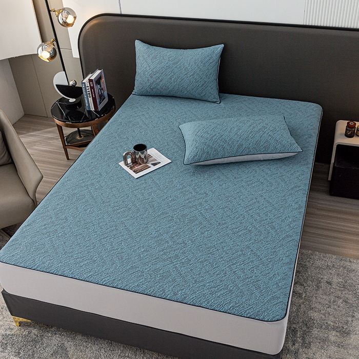 91家纺网 家纺一手货源 找家纺 锦罗绣 2025春夏新款PE中分子凉感提花软凉席席子 流金岁月-深蓝 床笠款