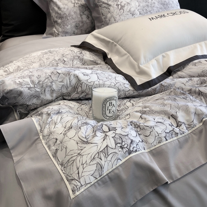 91家纺网 家纺一手货源 找家纺 佳汐蓝2025新款典雅诗意花卉全棉印花四件套券后不低于438/458元 雾隐巴黎-星空灰